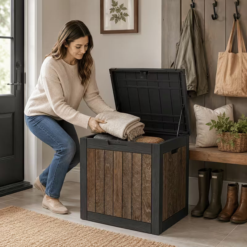 Easy up 34 Gallon Rustic Brown Resin Deck Box, Waterproof & UV Resistant Lockable Storage Container for Patio Furniture, Pool Accessories, Cushions and Garden Tools