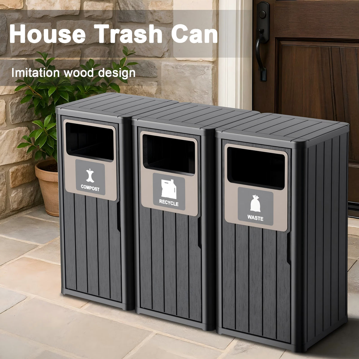 EasyUp Waterproof Resin Trash Can with Classification Labels, Durable Outdoor Waste Bin Fits 30-39 Gallon Bags for Kitchen Yard Porch, Black 3-Pack