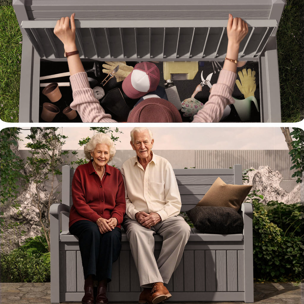EasyUp 80 Gallon Storage bench Lockable Waterproof Deck Box - Outdoor Storage Box for Patio,Garden and Porch,Tools and Cushions（Grey）