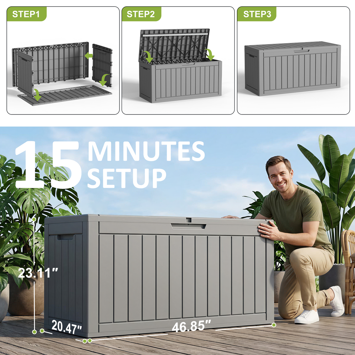 Easy Up 90 Gallon Outdoor Deck Box with Lockable Lid, Waterproof Outdoor Storage Container for Patio, Garden & Backyard, Grey