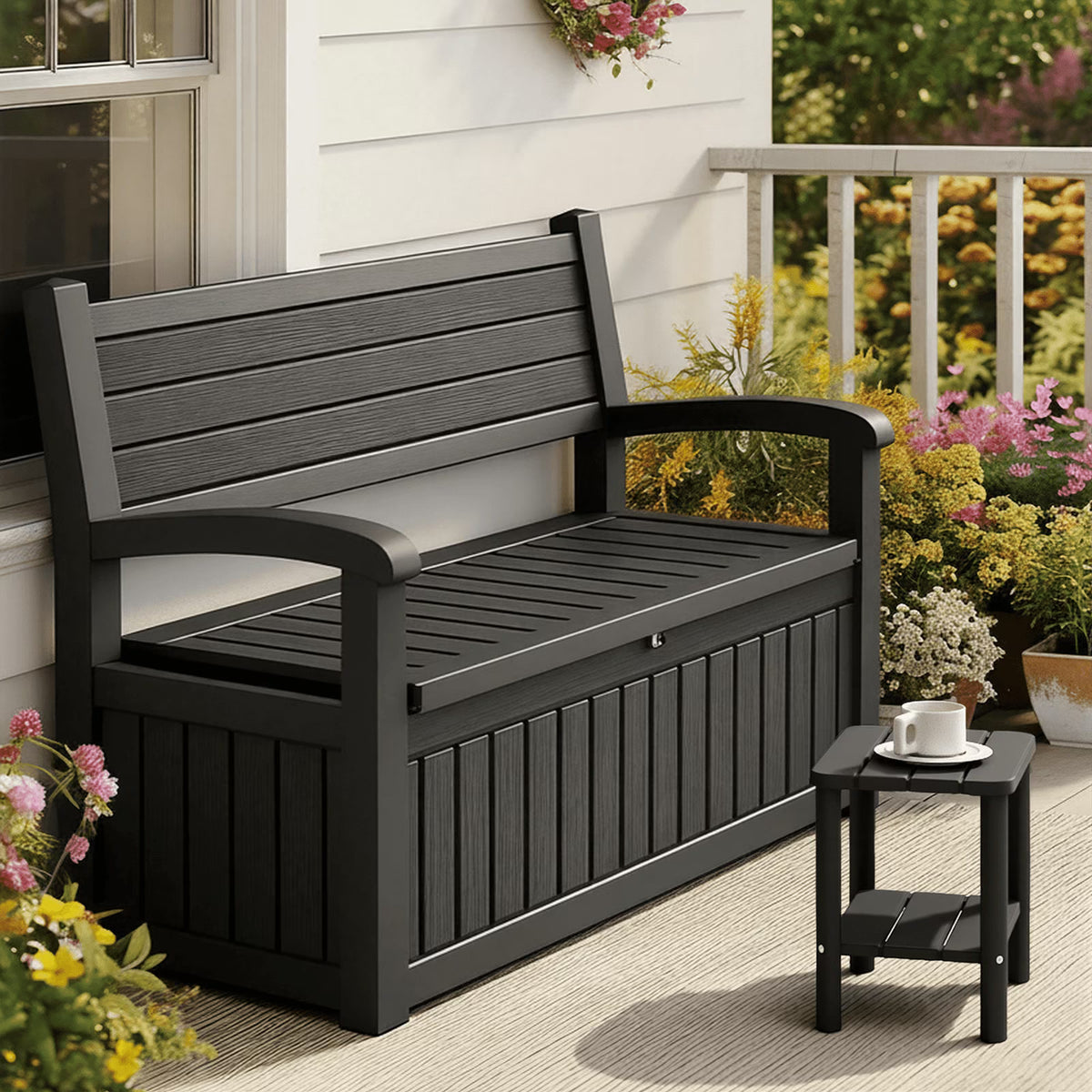 EASY UP 80 Gallon Storage Bench Deck Box Lockable for Patio Furniture, Garden Decor and Outdoor Seating for Cushions, Garden Tools and Pool Supplies (Black)