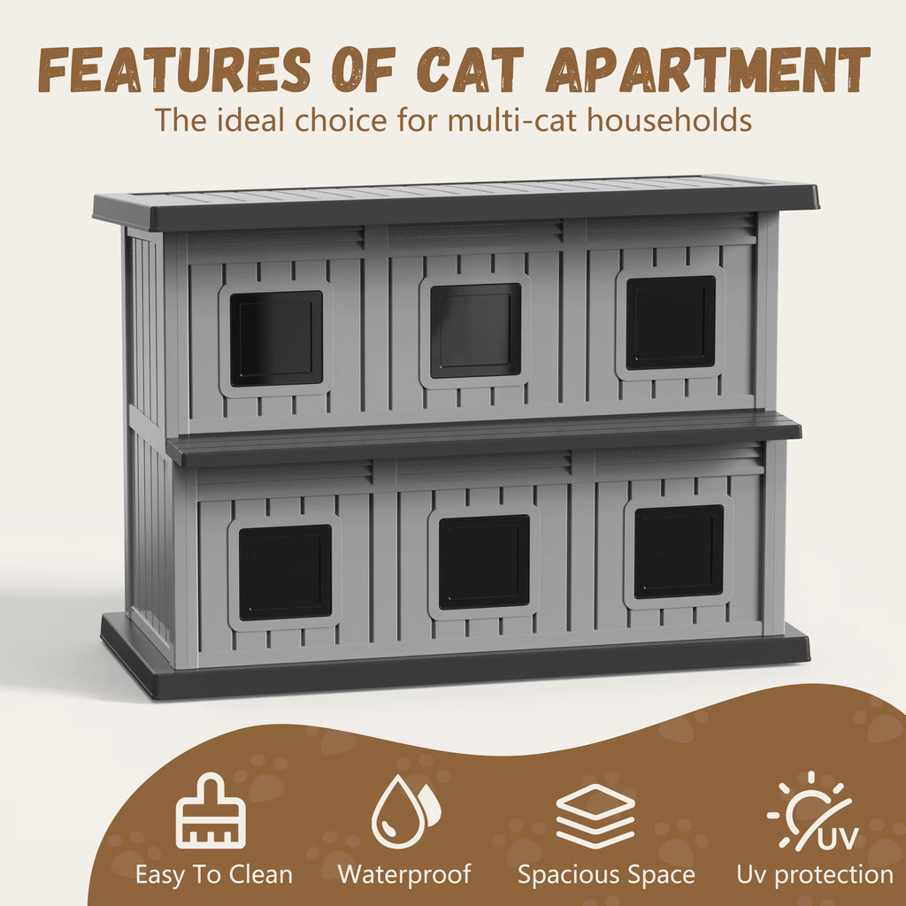 EasyUp Outdoor Cat House Large Double-Decker Cat Houses for Outdoor Cats with Adjustable Window Balcony Weatherproof UV Protection Cat Shelter for Several Feral Cats,Black&Grey