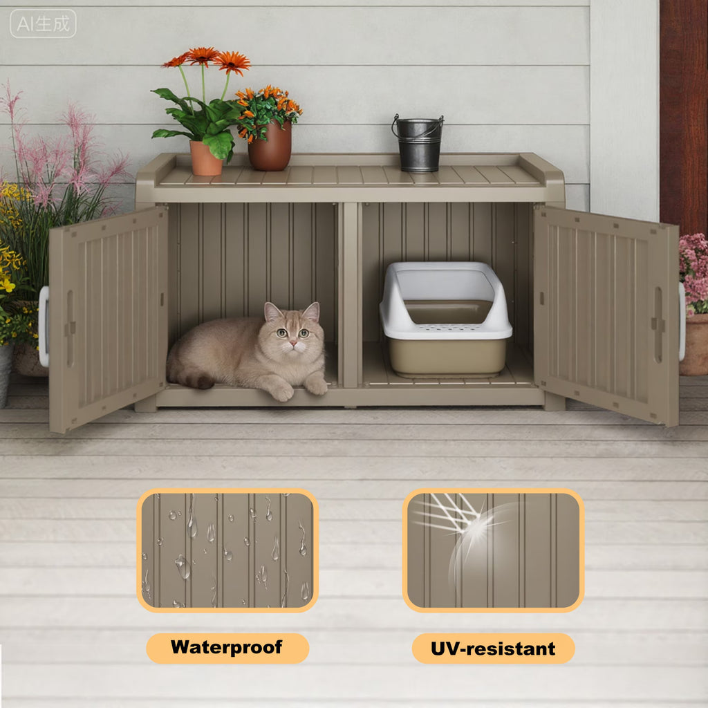 EasyUp Resin Enclosed Hidden Cat Litter Box Enclosure, Dual-Door Weatherproof Space-Saving Furniture for Indoor Corners & Small Spaces, Gray