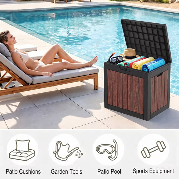 Easy up 35 Gallon Walnut Brown Resin Deck Box, Waterproof & UV Resistant Lockable Storage Container for Patio Furniture, Pool Accessories, Cushions and Garden Tools