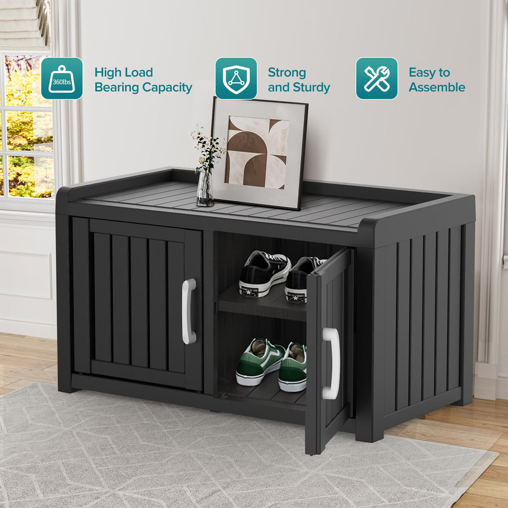 EasyUp Waterproof UV-Resistant Shoe Cabinet, Double Door Storage Bench with Adjustable Shelves, Indoor Outdoor Furniture for Entryway, Bedroom, Hallway, Living Room, Black