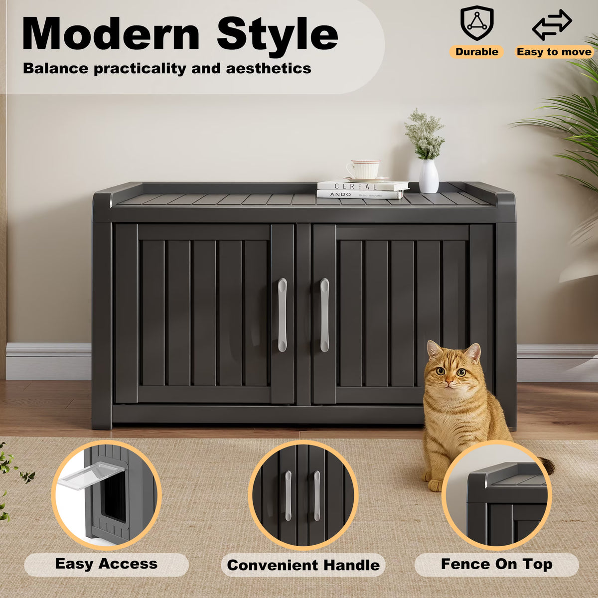EasyUp Resin Hidden Cat Litter Box Enclosure, Dual-Door Weatherproof Indoor Furniture for Corners & Small Spaces, Black