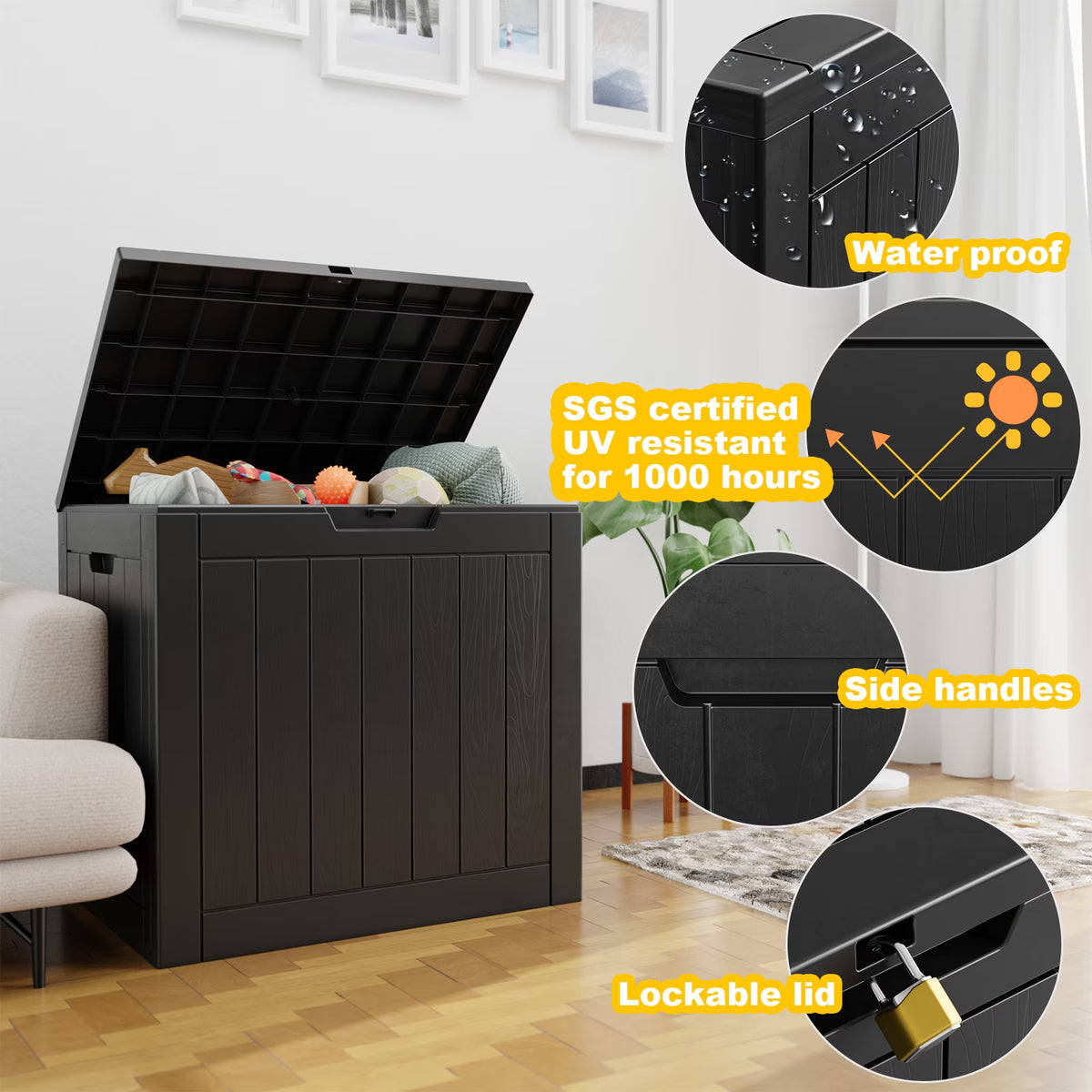 EasyUp 30 Gallon Resin Deck Box, Lockable Patio Outdoor Storage Box for Furniture, Garden Tools and Tools Storage, Waterproof Outside Storage Boxes(Black)