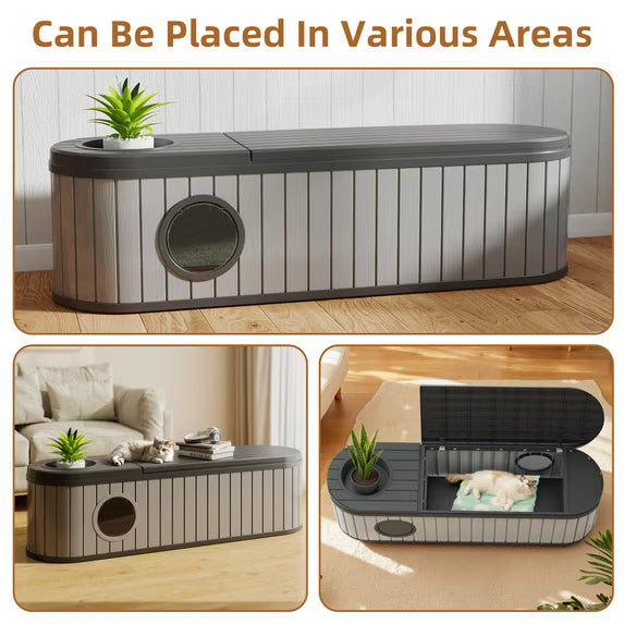 EasyUp Cat Litter Box Enclosure Resin Hidden Litter Box Furniture with Odor Control Vented Space-Saving Design Litter Box Enclosure for Indoor Outdoor Use(Black&Grey,63.11"*17.8"*17.13")