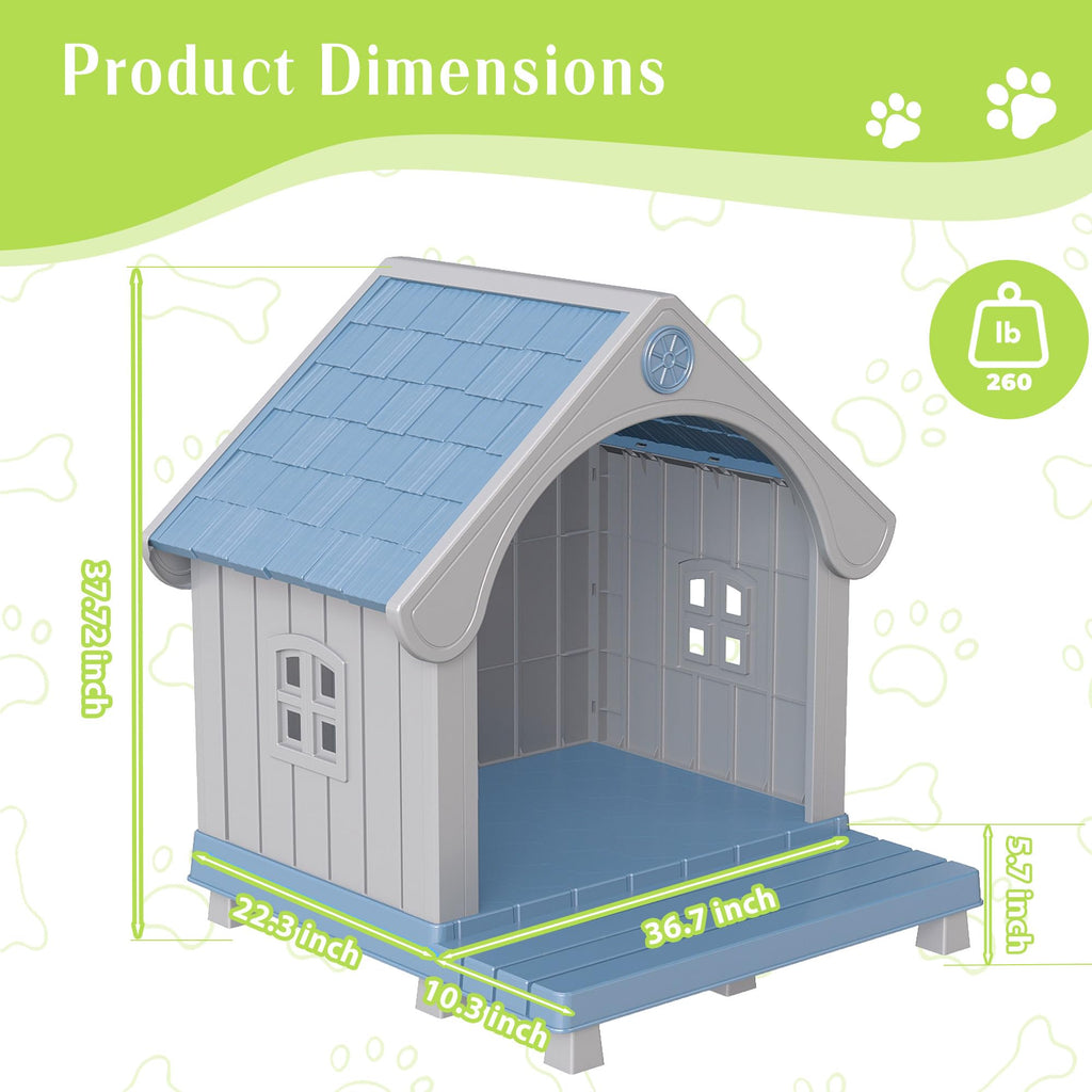 EasyUp Resin Pet House, Weatherproof Kennel with Elevated Extended Floor, Elegant Sturdy Shelter for Large Pets Indoor & Outdoor Use