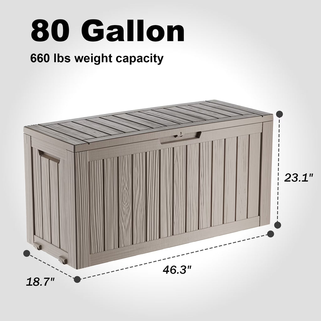 80 Gallon Resin Deck Box, Lockable Patio Outdoor Storage Box for Furniture, Garden Tools and Tools Storage, Waterproof Outside Storage Boxes