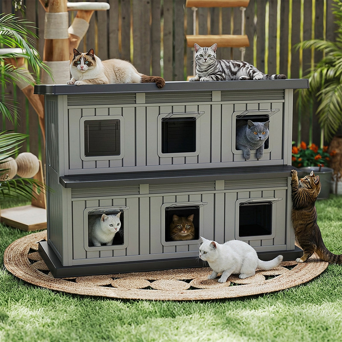 EasyUp Outdoor Cat House Large Double-Decker Cat Houses for Outdoor Cats with Adjustable Window Balcony Weatherproof UV Protection Cat Shelter for Several Feral Cats,Black