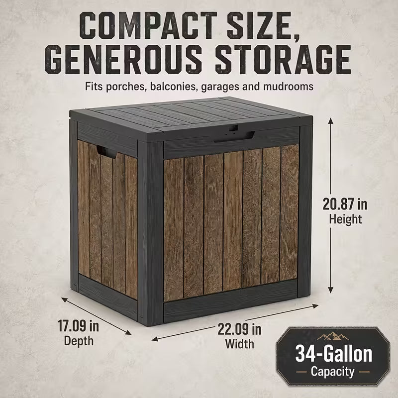 Easy up 34 Gallon Rustic Brown Resin Deck Box, Waterproof & UV Resistant Lockable Storage Container for Patio Furniture, Pool Accessories, Cushions and Garden Tools