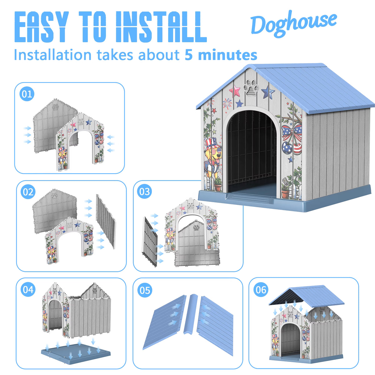 Easy Up  Durable Waterproof Resin Dog House for Small to Large Sized Dogs, Indoor Outdoor Doghouse with Elevated Floor