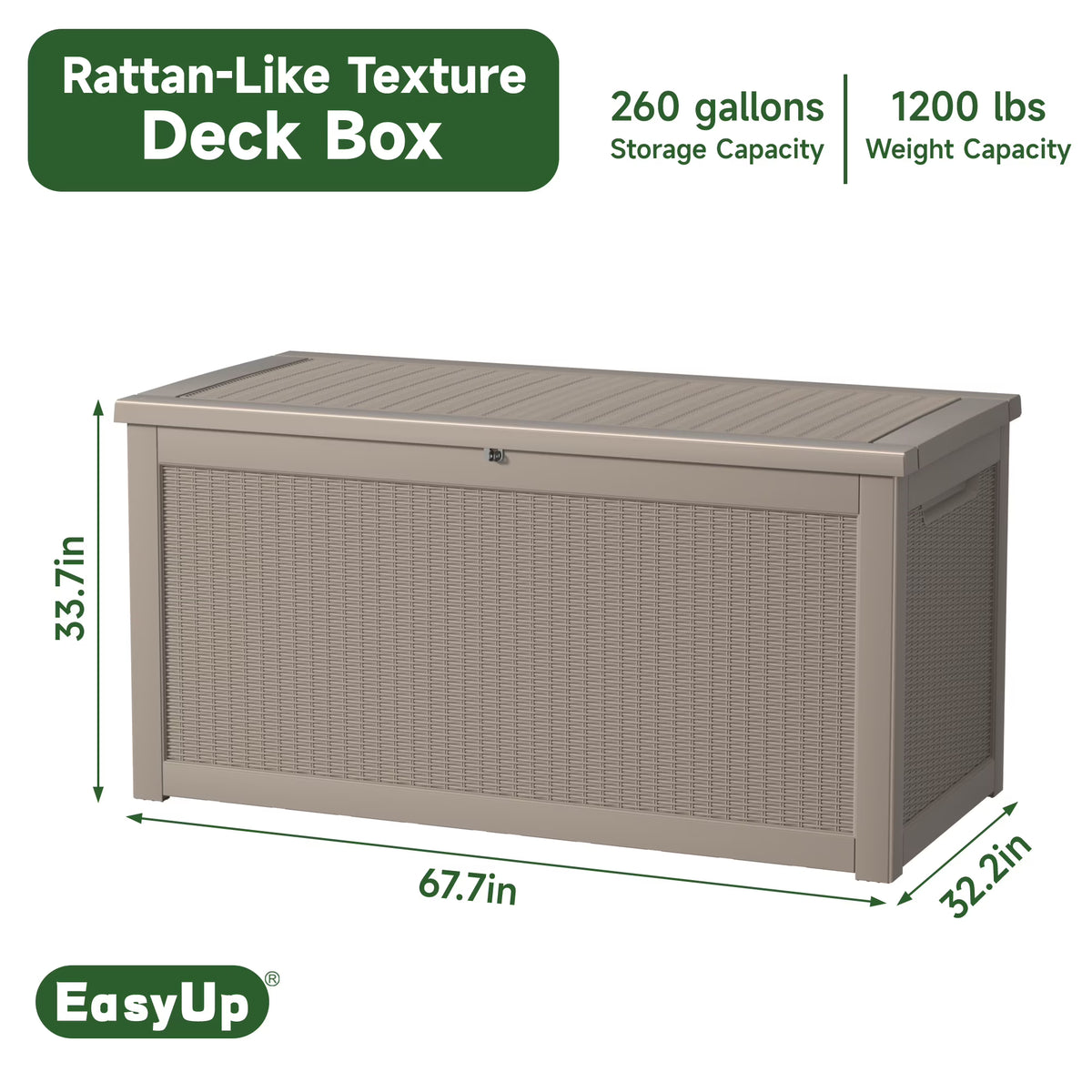 EASY UP 260gallon outdoor resin storage deck box, weather-resistant and lockable, suitable for storing tools, clothing, and packages; ideal for garages, gardens, and bedrooms (LIGHT BROWN).