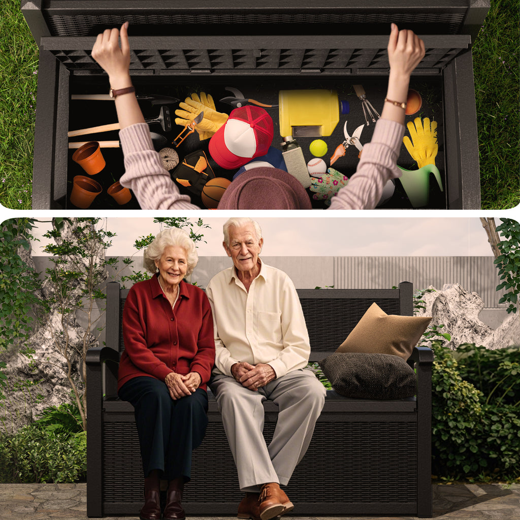 EasyUp 80 Gallon Storage Bench Deck Box Waterproof Lockable,Outdoor Storage Furniture for Patio,Garden and Porch,Tools and Cushions（Black）