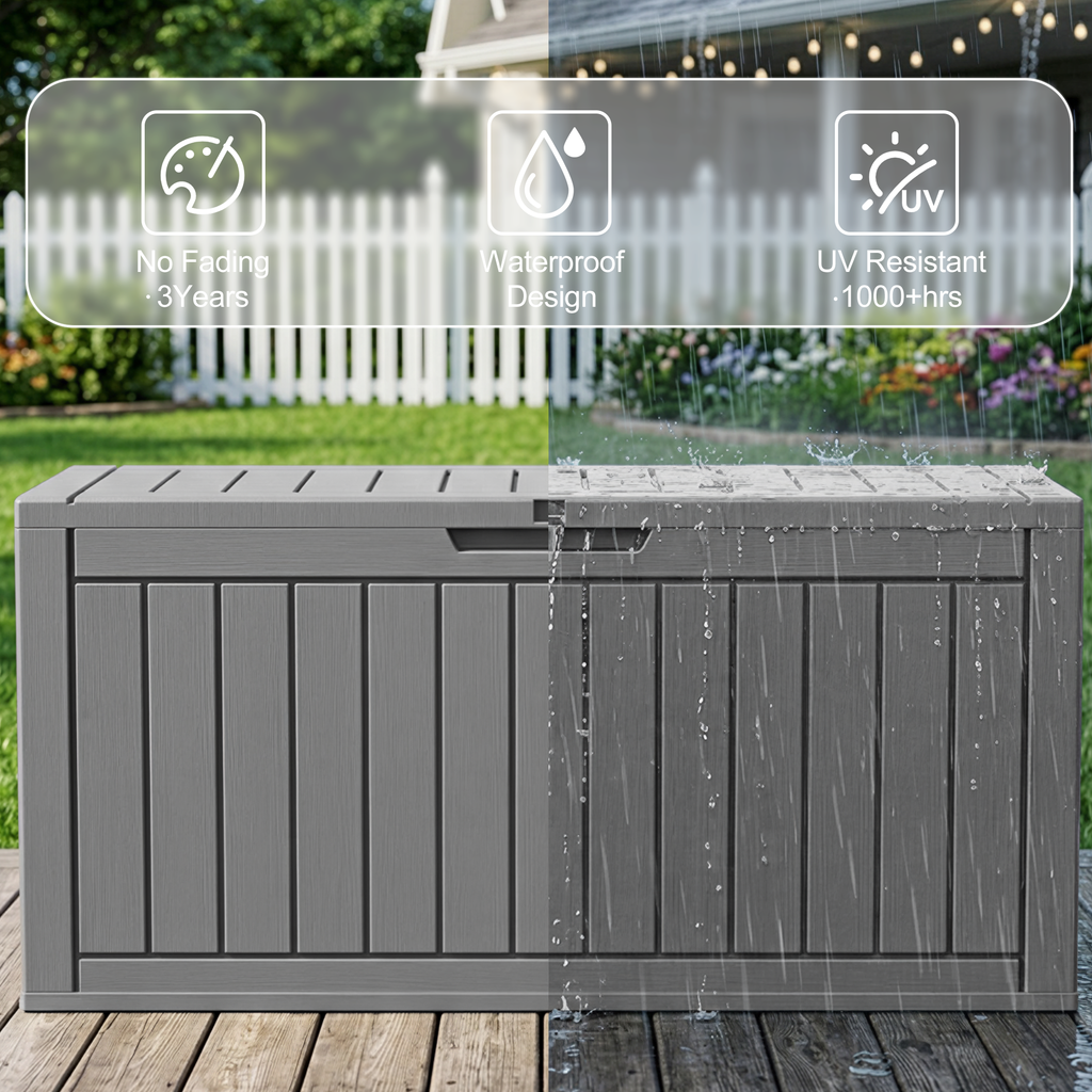 Easy Up 90 Gallon Outdoor Deck Box with Lockable Lid, Waterproof Outdoor Storage Container for Patio, Garden & Backyard, Grey