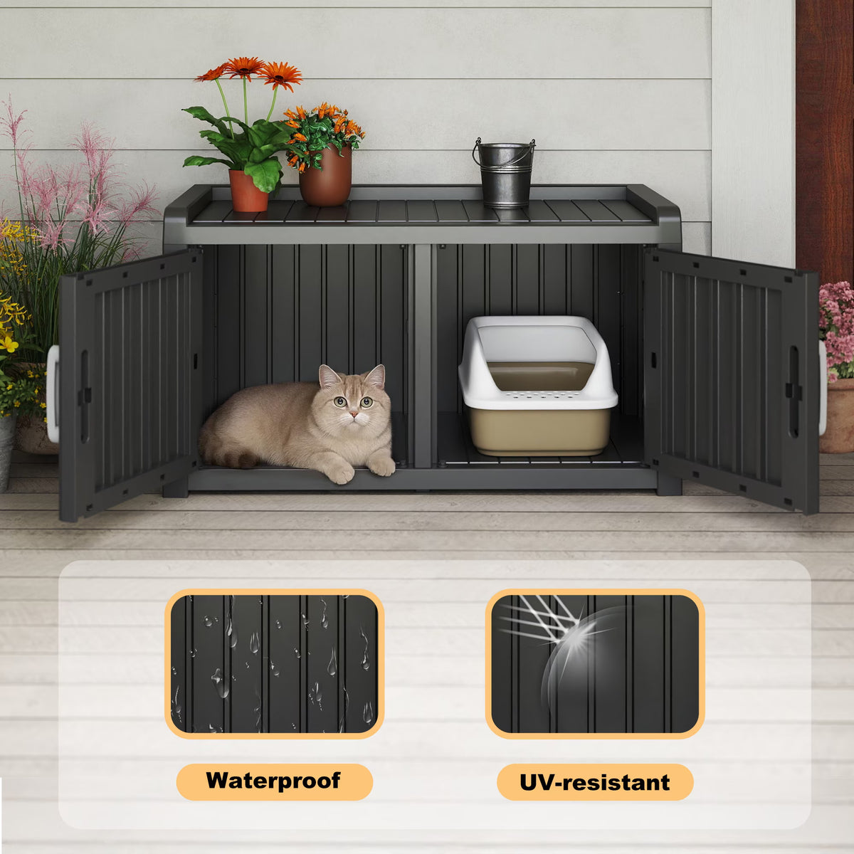 EasyUp Resin Hidden Cat Litter Box Enclosure, Dual-Door Weatherproof Indoor Furniture for Corners & Small Spaces, Black