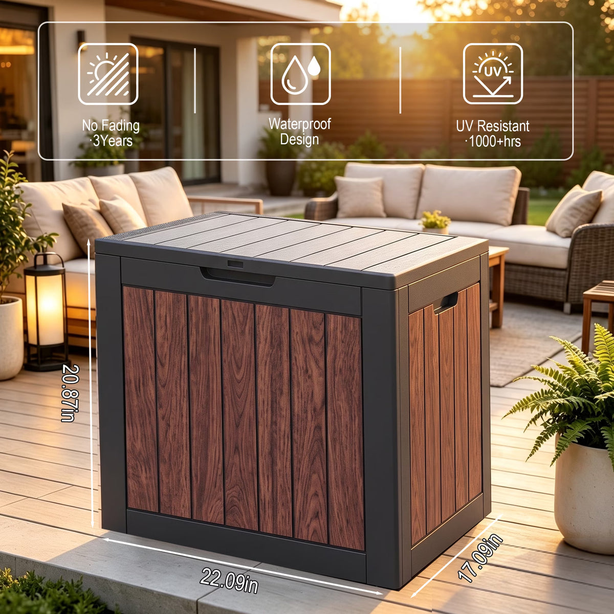 Easy up 35 Gallon Walnut Brown Resin Deck Box, Waterproof & UV Resistant Lockable Storage Container for Patio Furniture, Pool Accessories, Cushions and Garden Tools
