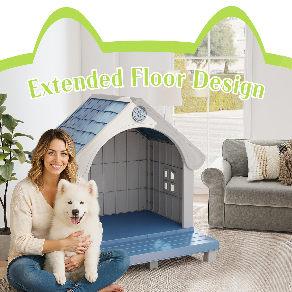 EasyUp Resin Pet House, Weatherproof Kennel with Elevated Extended Floor, Elegant Sturdy Shelter for Large Pets Indoor & Outdoor Use