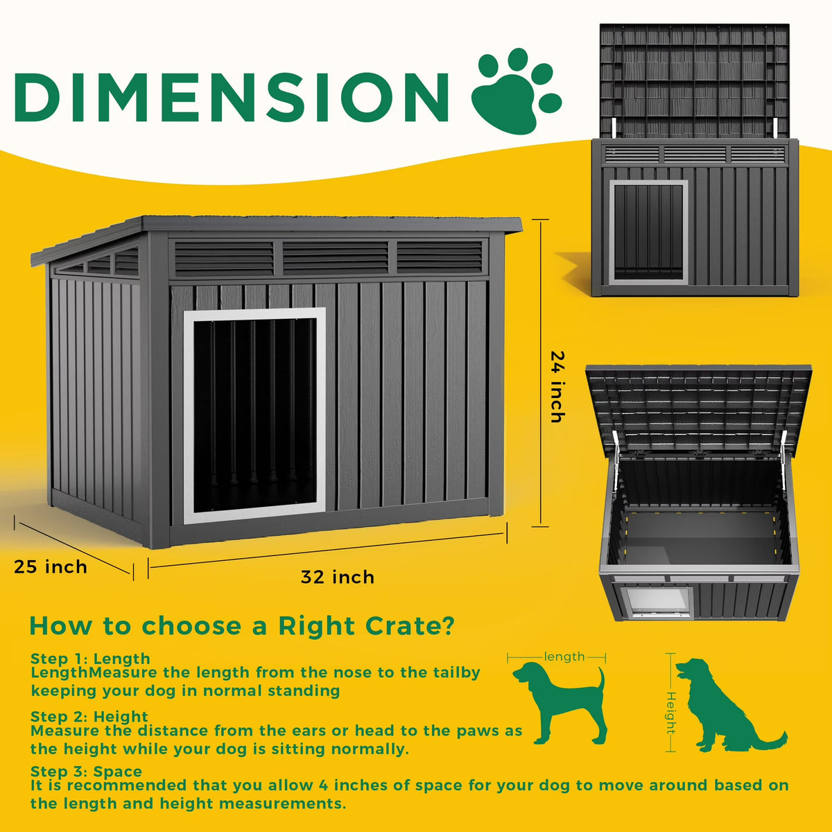 EasyUp Dog House for Both Indoor and Outdoor with Weatherproof Roof Removable Floors for Medium to Large Dogs Interior Space (Black, Medium(32.2 * 25.12 * 24.13''))