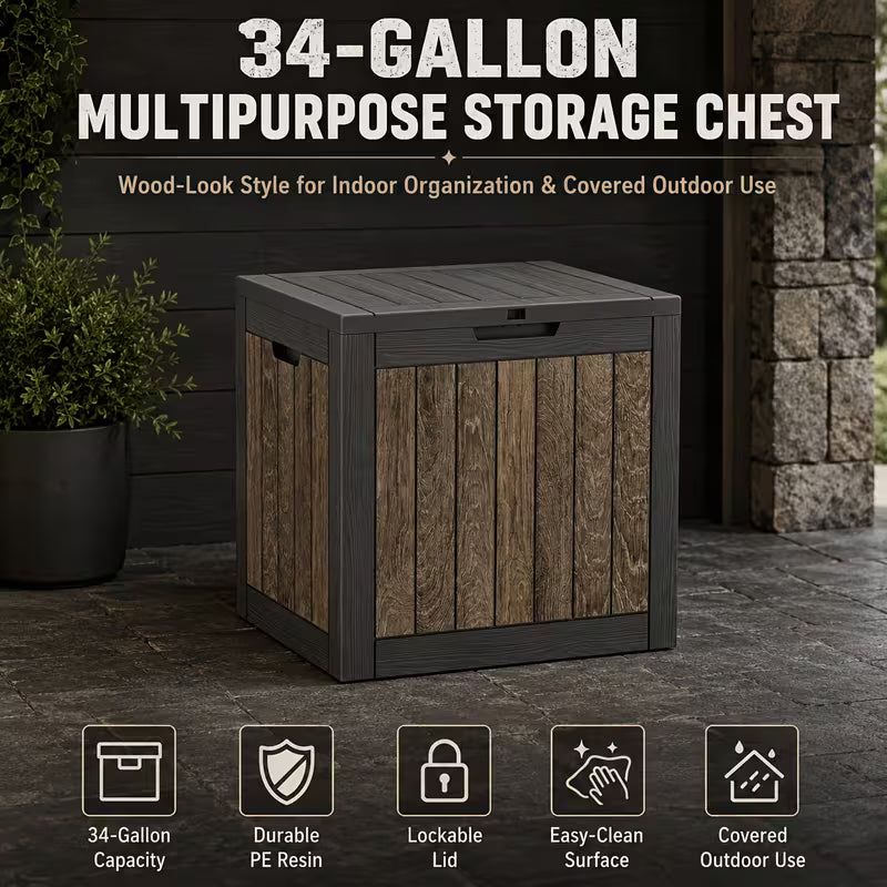 Easy up 34 Gallon Rustic Brown Resin Deck Box, Waterproof & UV Resistant Lockable Storage Container for Patio Furniture, Pool Accessories, Cushions and Garden Tools