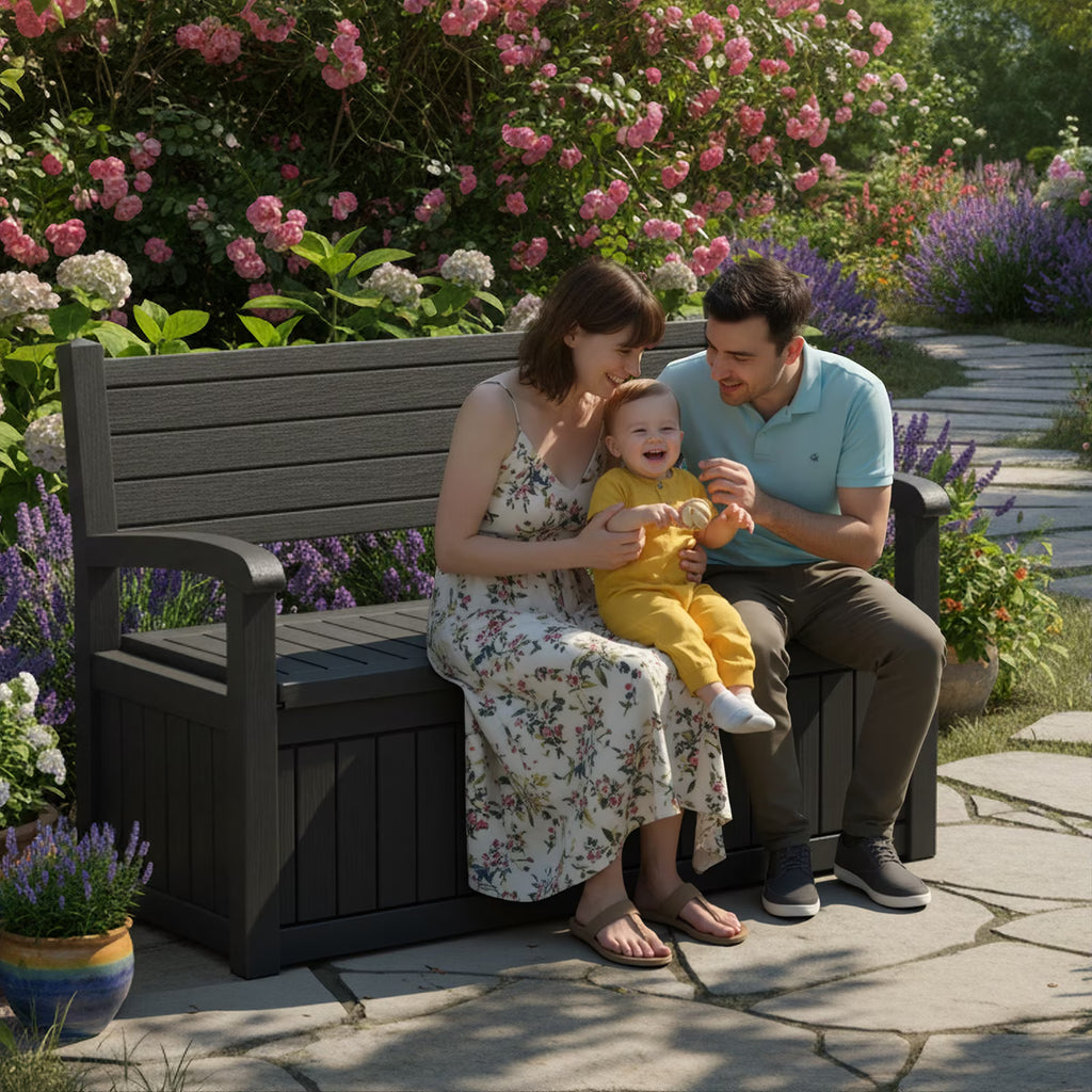 EASY UP 80 Gallon Storage Bench Deck Box Lockable for Patio Furniture, Garden Decor and Outdoor Seating for Cushions, Garden Tools and Pool Supplies (Black)
