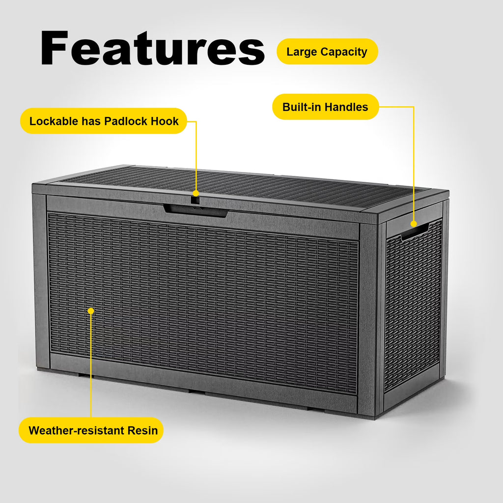 EASY UP 100 Gallon Resin Deck Box Waterproof Outdoor Storage Box for Patio Furniture Pool Accessories Indoor Storage for Cushion Garden Tools (100 Gallon, Black)
