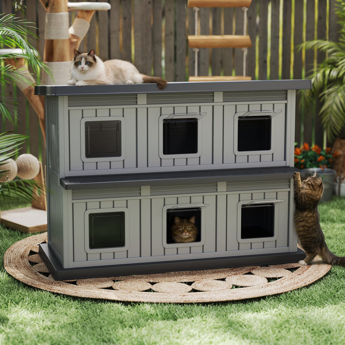 EasyUp Outdoor Cat House Large Double-Decker Cat Houses for Outdoor Cats with Adjustable Window Balcony Weatherproof UV Protection Cat Shelter for Several Feral Cats,Black&Grey