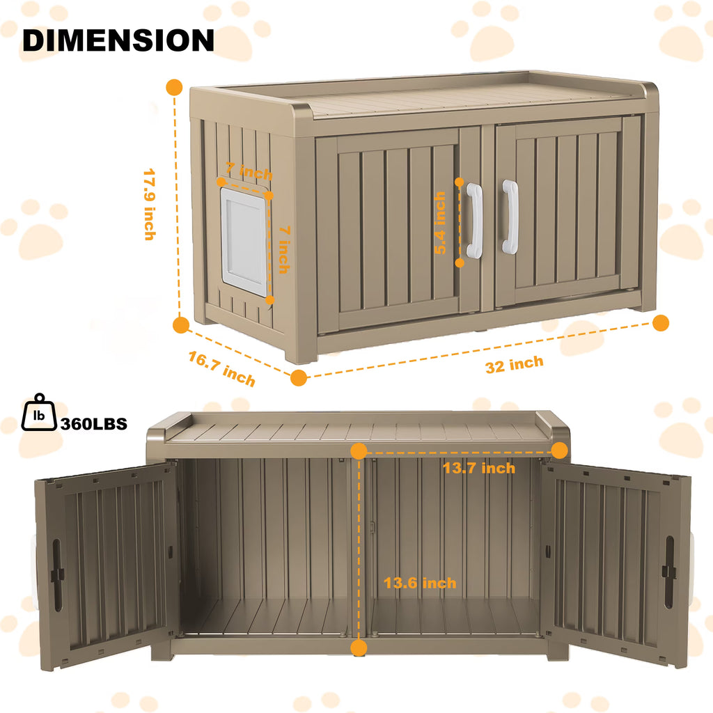 EasyUp Resin Enclosed Hidden Cat Litter Box Enclosure, Dual-Door Weatherproof Space-Saving Furniture for Indoor Corners & Small Spaces, Gray