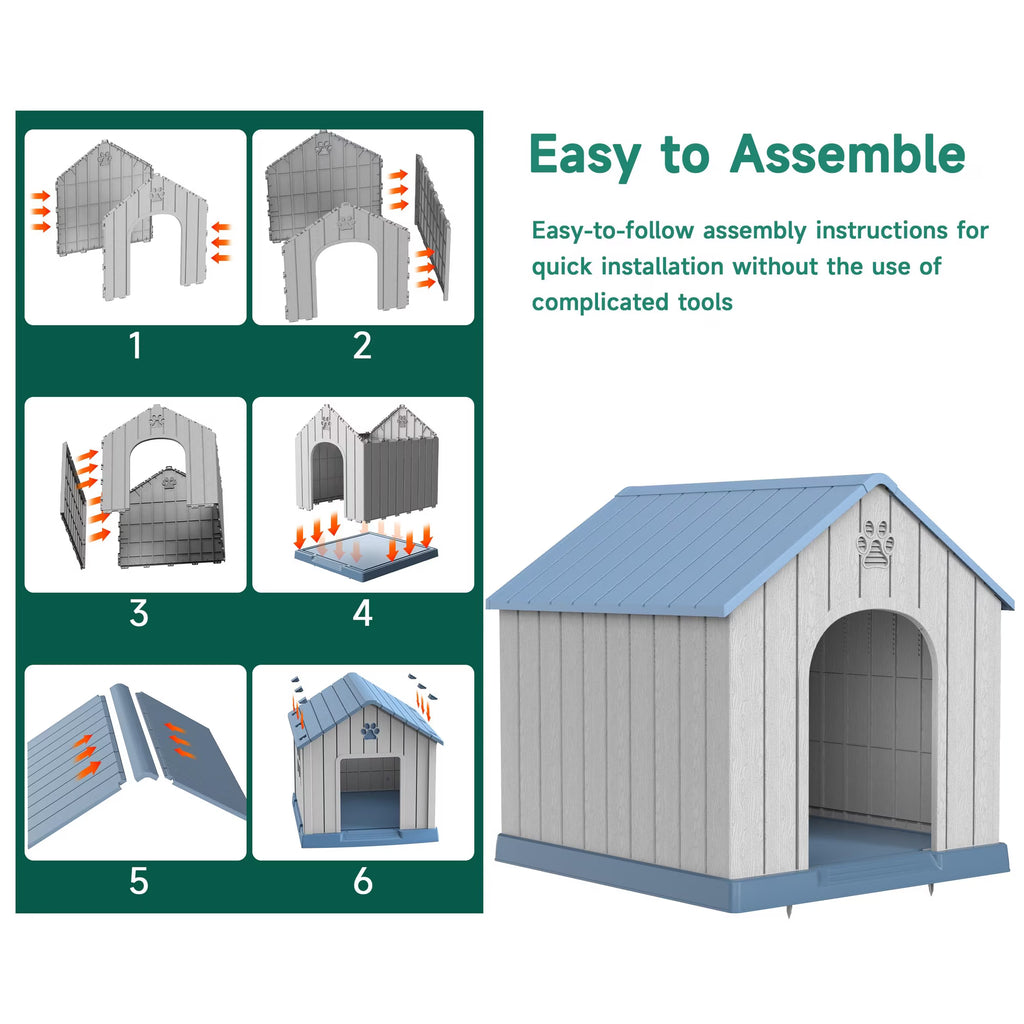 EasyUp Resin Waterproof Dog House, Ventilated Kennel with Elevated Floor, Indoor Outdoor Pet Shelter, Easy Assembly, (Blue, 38.62*36.26*38.07 Inches)