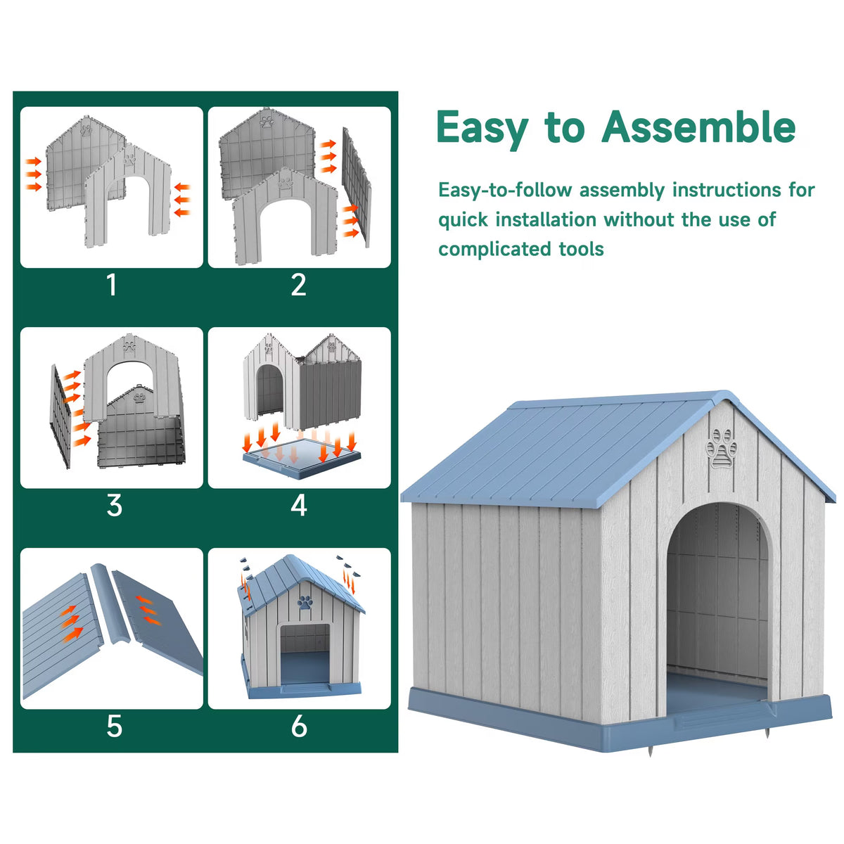 EasyUp Resin Waterproof Dog House, Ventilated Kennel with Elevated Floor, Indoor Outdoor Pet Shelter, Easy Assembly, (Blue, 38.62*36.26*38.07 Inches)