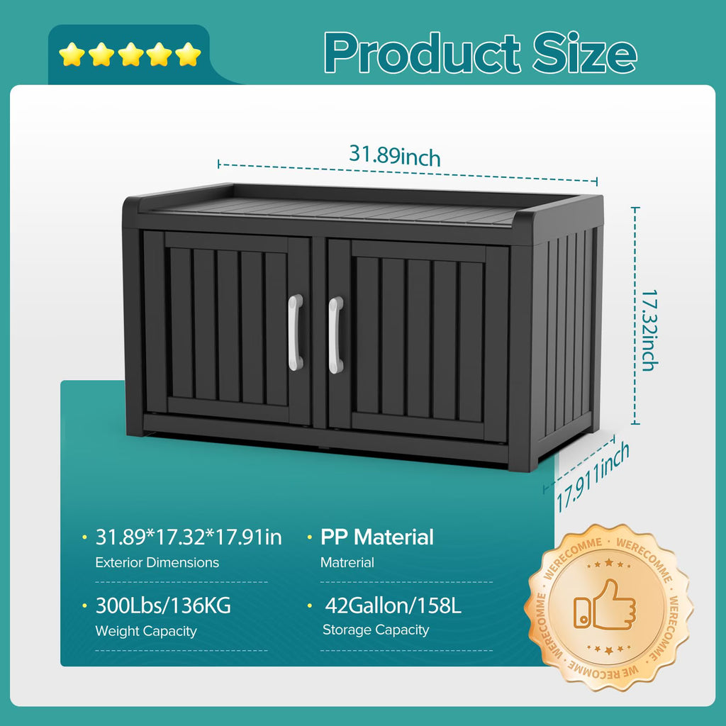 EasyUp Waterproof UV-Resistant Shoe Cabinet, Double Door Storage Bench with Adjustable Shelves, Indoor Outdoor Furniture for Entryway, Bedroom, Hallway, Living Room, Black