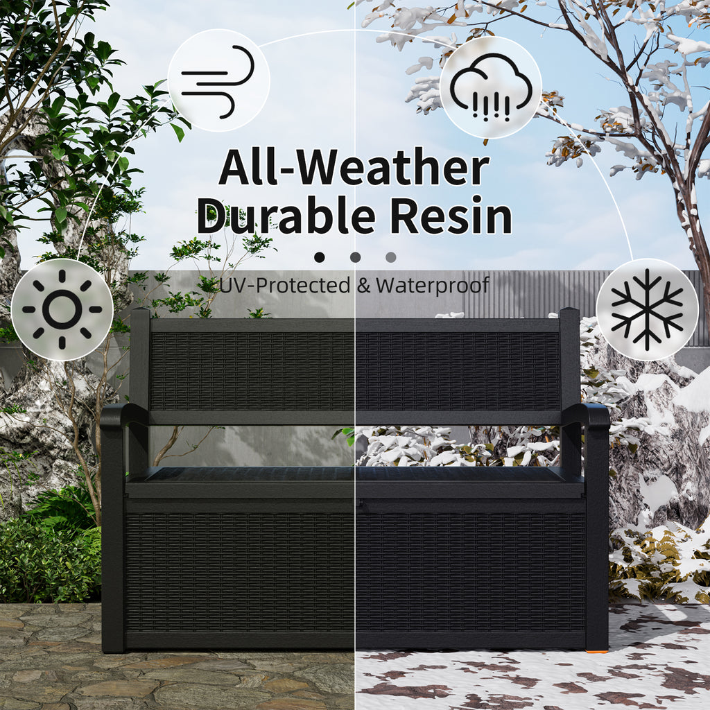 EasyUp 80 Gallon Storage Bench Deck Box Waterproof Lockable,Outdoor Storage Furniture for Patio,Garden and Porch,Tools and Cushions（Black）