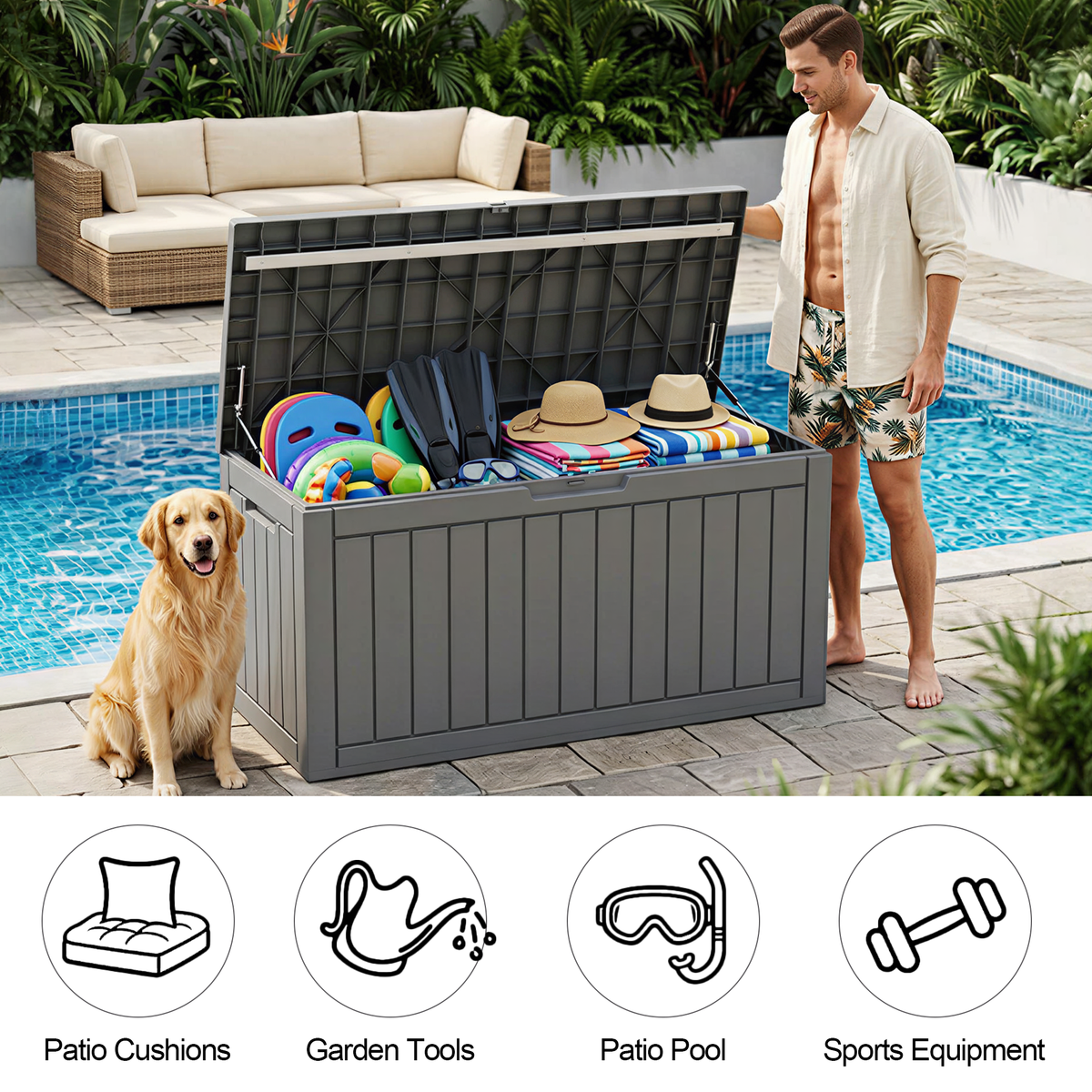 Easy Up 90 Gallon Outdoor Deck Box with Lockable Lid, Waterproof Outdoor Storage Container for Patio, Garden & Backyard, Grey