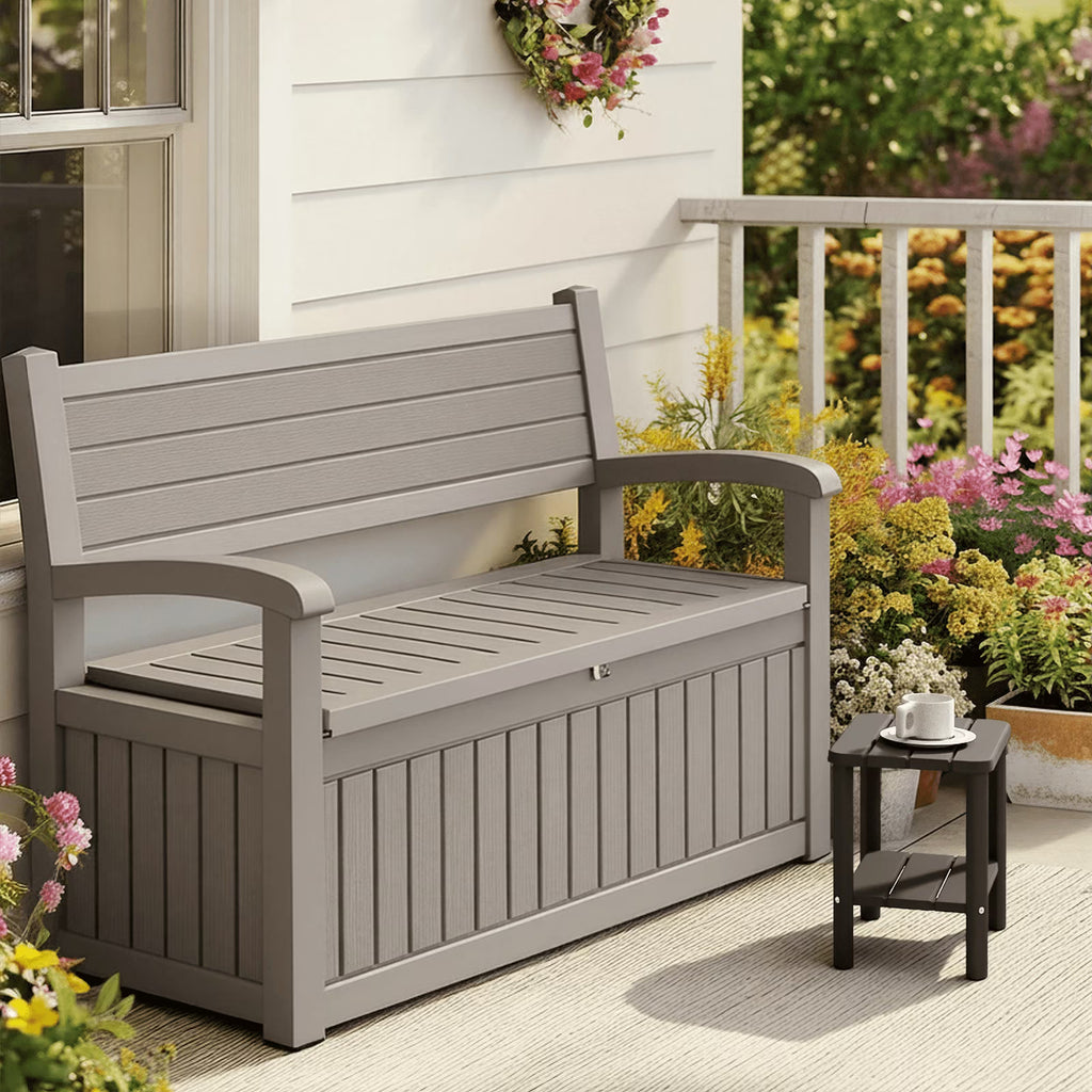 EASY UP 80 Gallon Storage Bench Deck Box Lockable for Patio Furniture, Garden Decor and Outdoor Seating for Cushions, Garden Tools and Pool Supplies (Black)