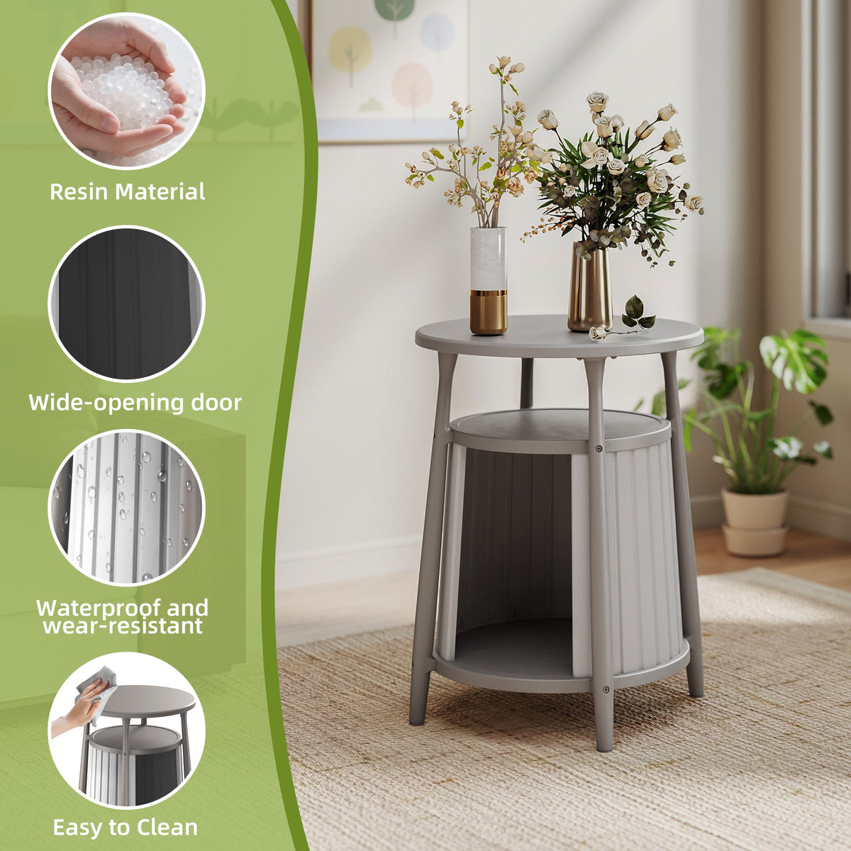 EasyUp Cat house Enclosure Resin Vented Hidden Litter Box Versatile Round Side End Table Odor Control Double Layered Design Easy to Clean for Indoor Use(Grey,17.72''L×17.72''W×23.54''H)