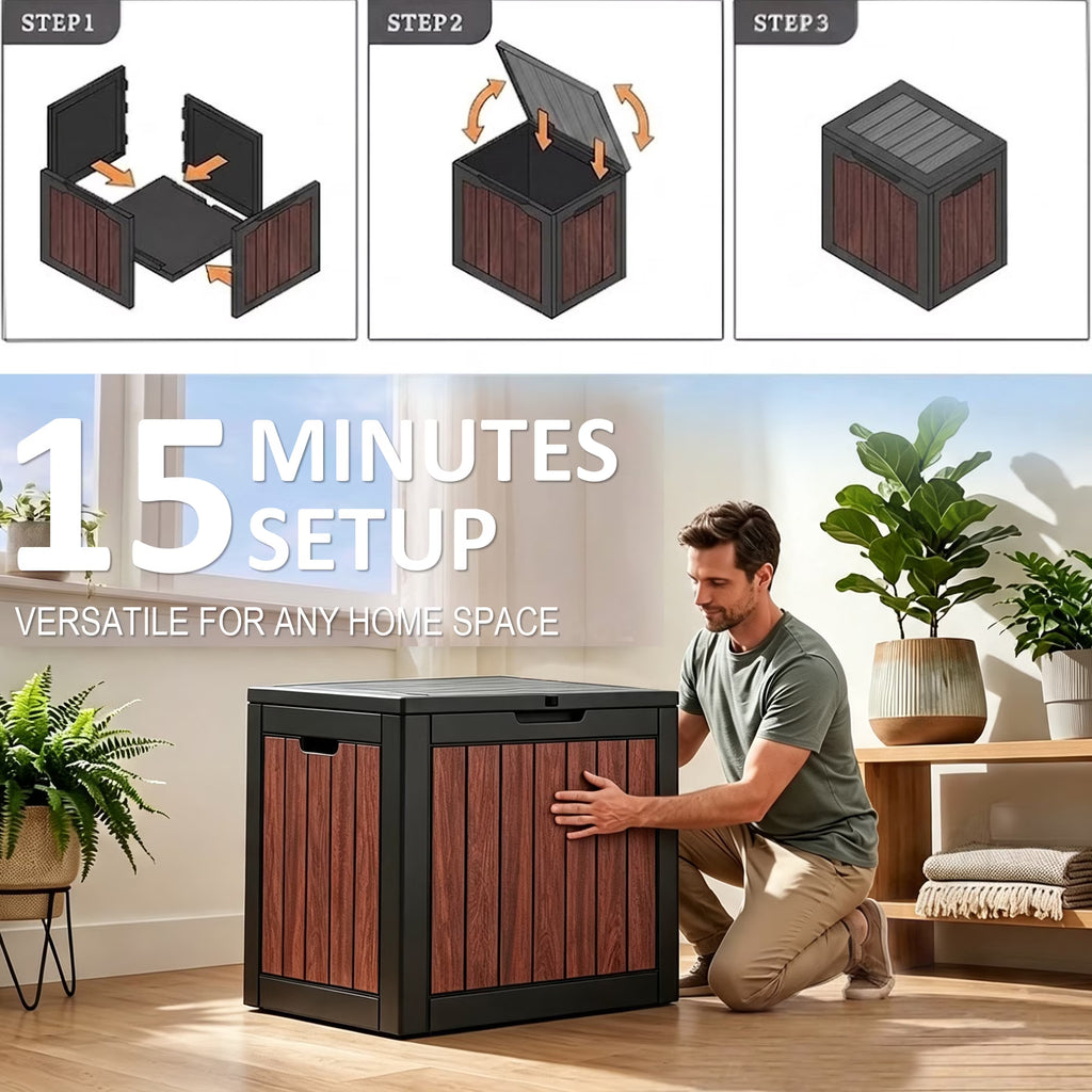 Easy up 35 Gallon Walnut Brown Resin Deck Box, Waterproof & UV Resistant Lockable Storage Container for Patio Furniture, Pool Accessories, Cushions and Garden Tools