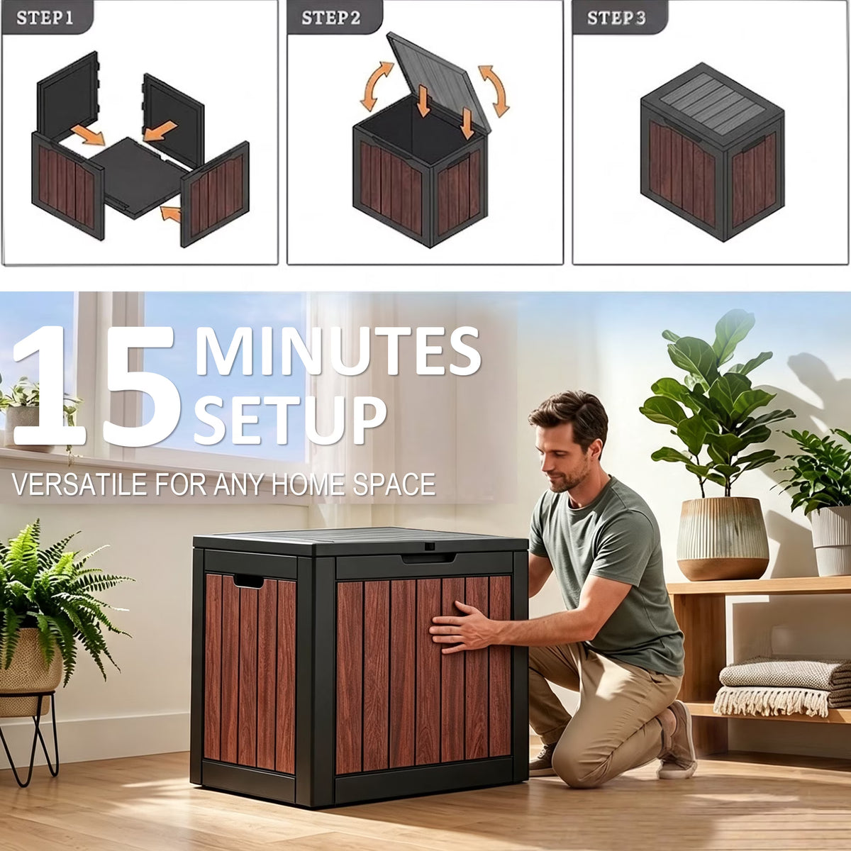Easy up 35 Gallon Walnut Brown Resin Deck Box, Waterproof & UV Resistant Lockable Storage Container for Patio Furniture, Pool Accessories, Cushions and Garden Tools
