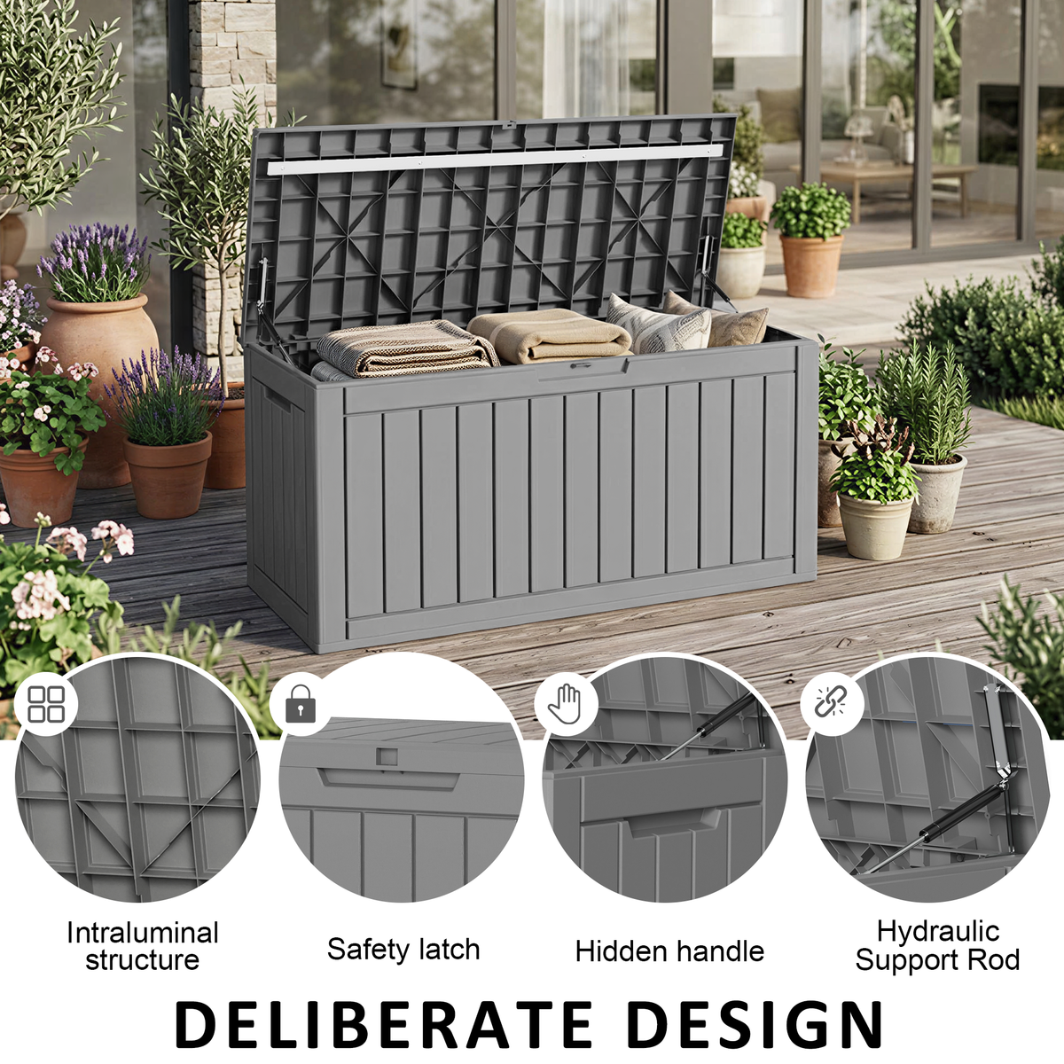Easy Up 90 Gallon Outdoor Deck Box with Lockable Lid, Waterproof Outdoor Storage Container for Patio, Garden & Backyard, Grey