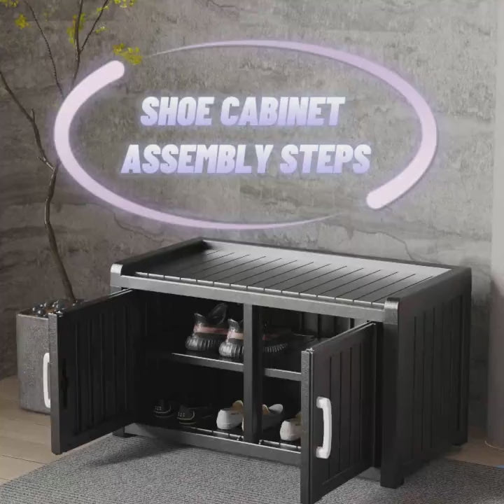 EasyUp EasyUp Waterproof UV-Resistant Shoe Cabinet, Double Door Storage Bench with Adjustable Shelves, Indoor Outdoor Furniture for Entryway, Bedroom, Hallway, Living Room, Gray